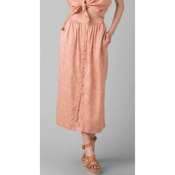 prAna APPLE BLOSSOM LEAVES SWIFT LAKE BUTTON FRONT MIDI SKIRT SZ S - Picture 1 of 15